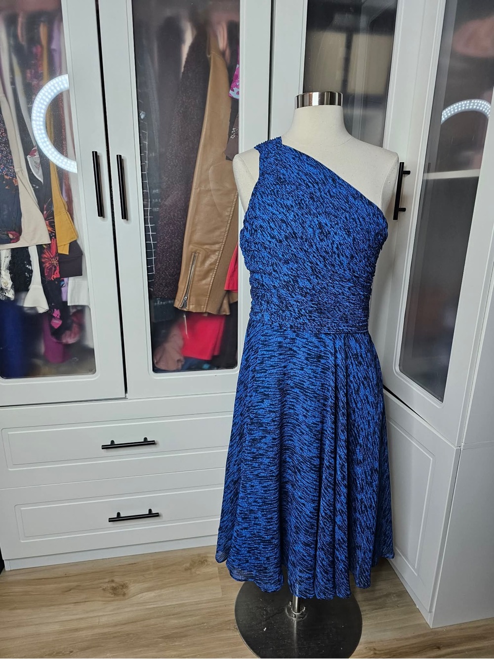 Halston Heritage One-Shoulder Blue Knit Dress